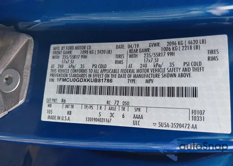 2019 Ford Escape Se from USA, damaged, VIN 1FMCU0GDXKUB81786